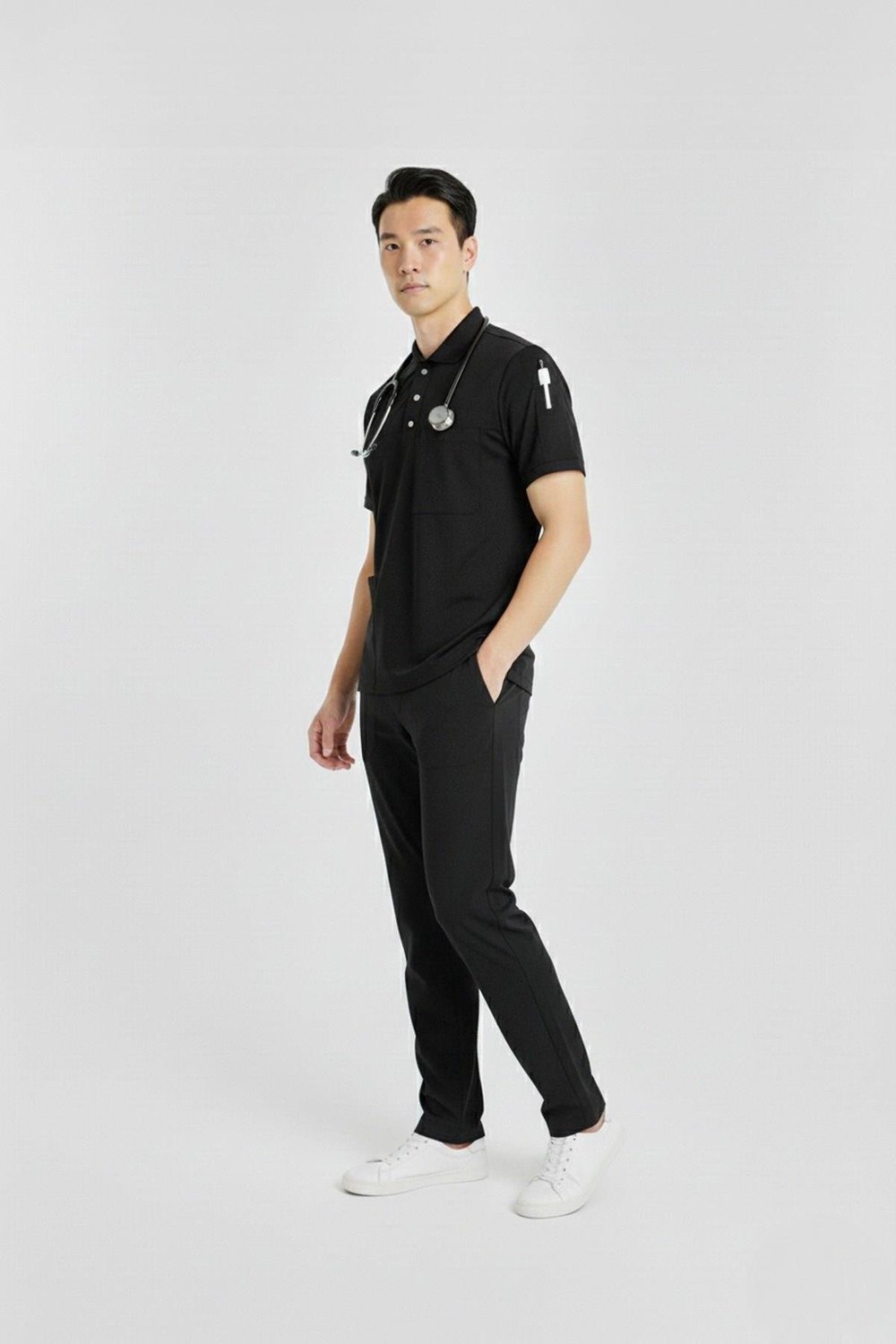 Zulu Model Siyah Polo Yaka Likralı Erkek Doktor Hemşire Scrubs Üniforma Takımı-Nur Medikal Giyim