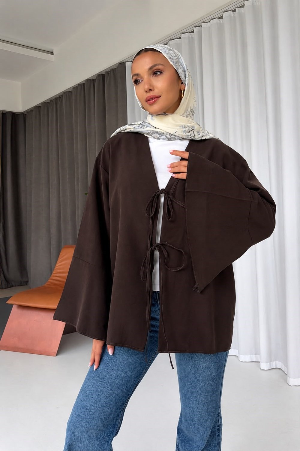 Çift Bağlama Detay Kimono Gömlek - Kahverengi