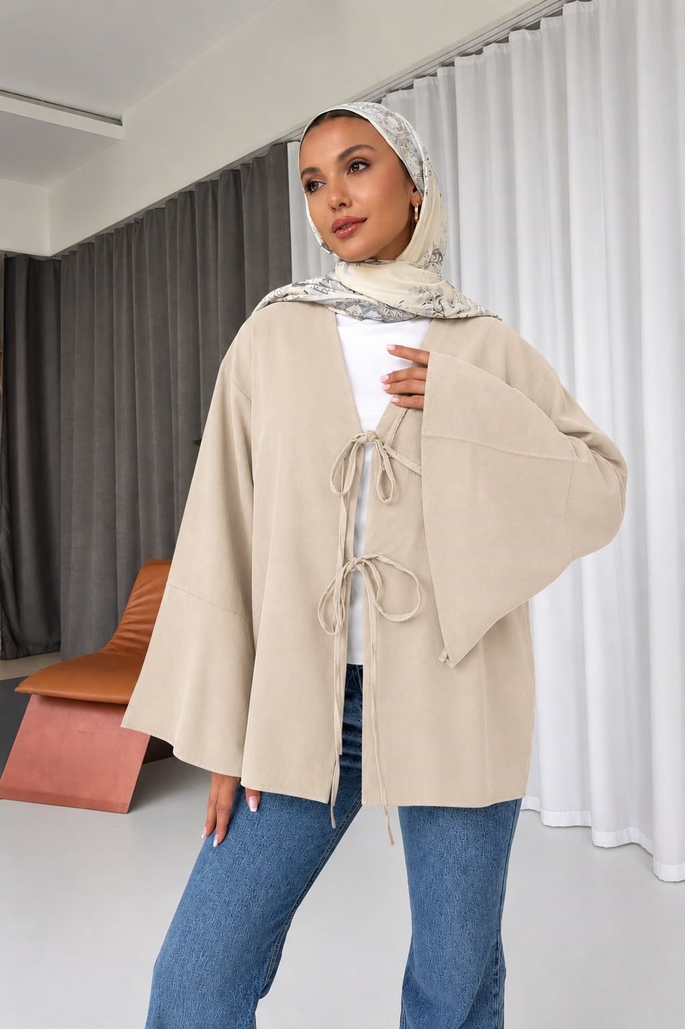 Çift Bağlama Detay Kimono Gömlek - Vizon