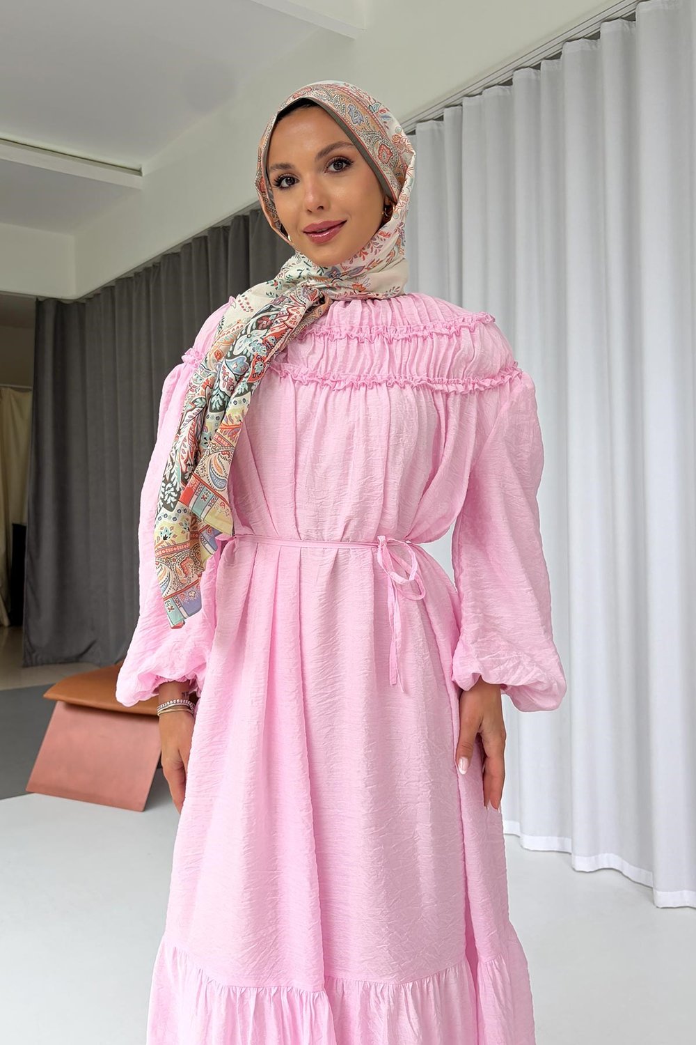 Kemerli Büzgü Detay Elbise - Pembe