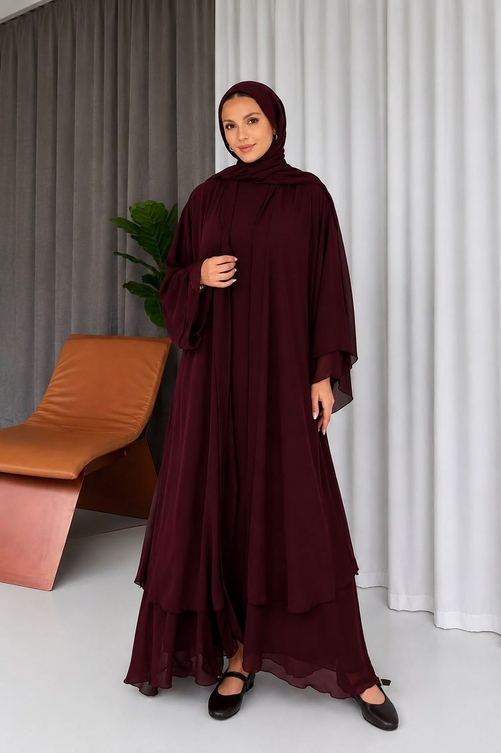Şal İçlik Abaya 3'lü Takım - Bordo
