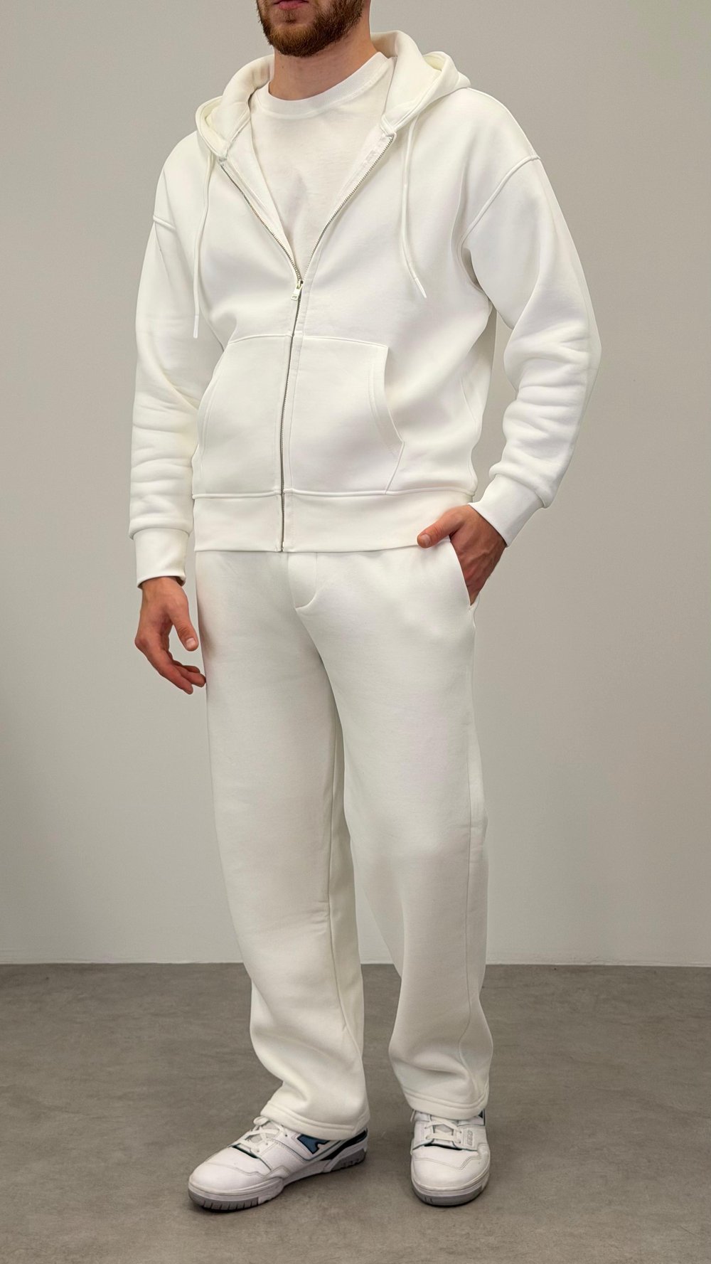 FERMUARLI BASIC KAPŞONLU SWEATSHIRT BEYAZ