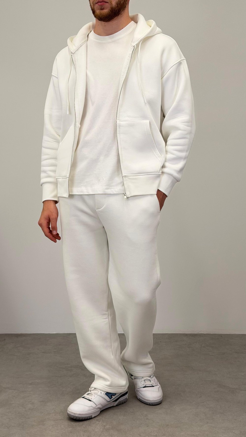 FERMUARLI BASIC KAPŞONLU SWEATSHIRT BEYAZ