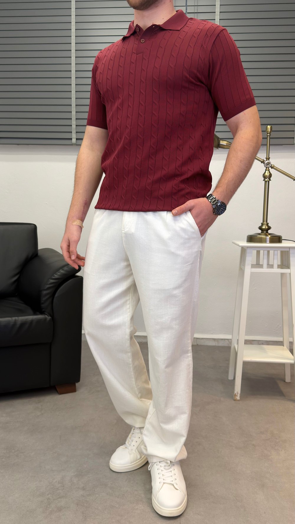 ÖRGÜ DESEN POLO YAKA T-SHIRT BORDO