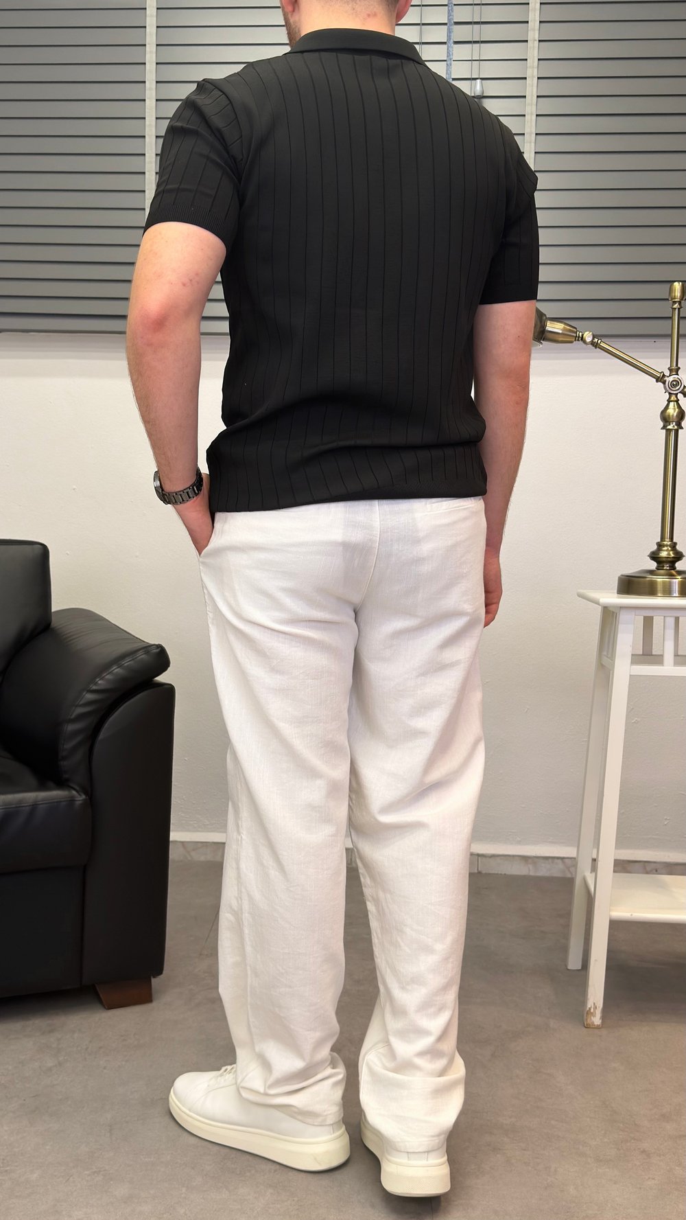 ÖRGÜ DESEN POLO YAKA T-SHIRT SİYAH