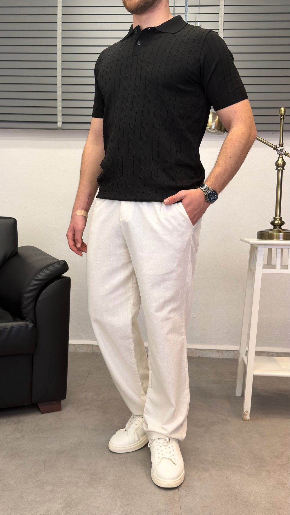 ÖRGÜ DESEN POLO YAKA T-SHIRT SİYAH