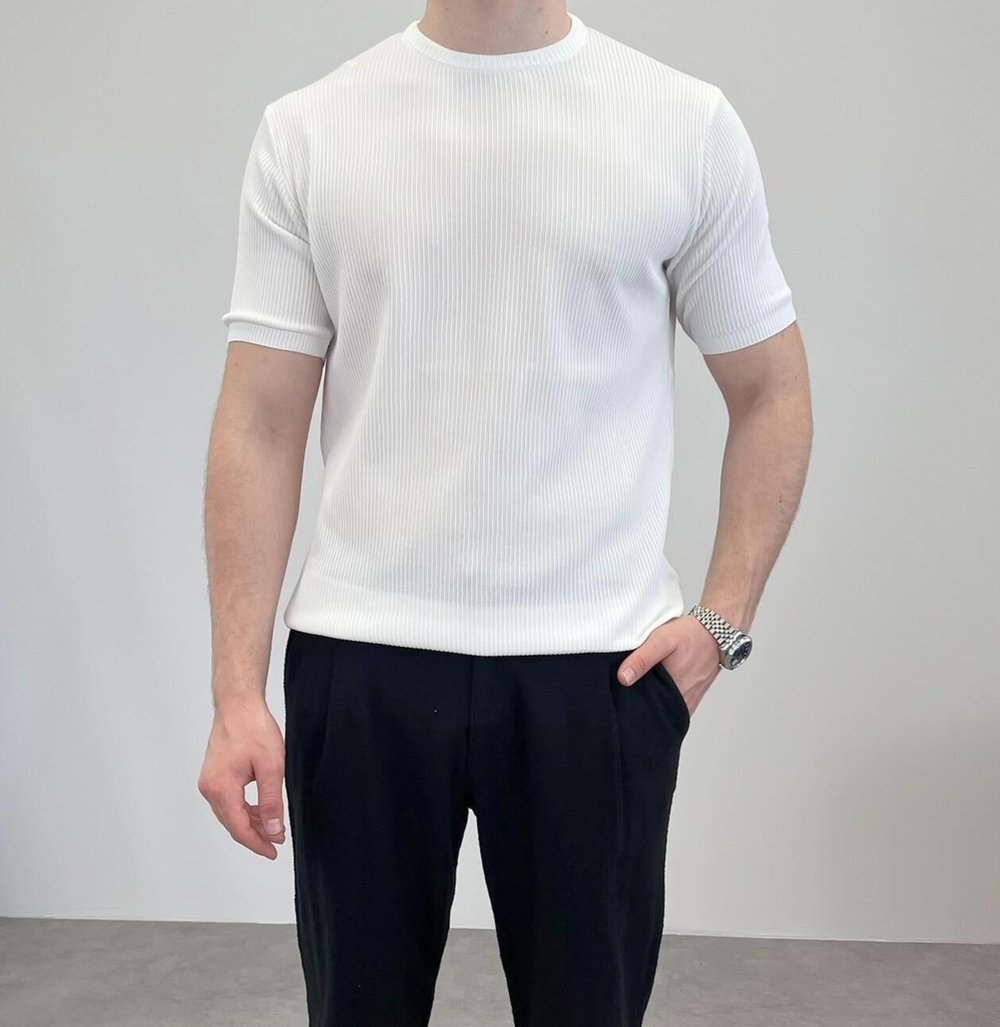 ÖRME BİSİKLET YAKA İNCE FİTİLLİ T-SHIRT BEYAZ
