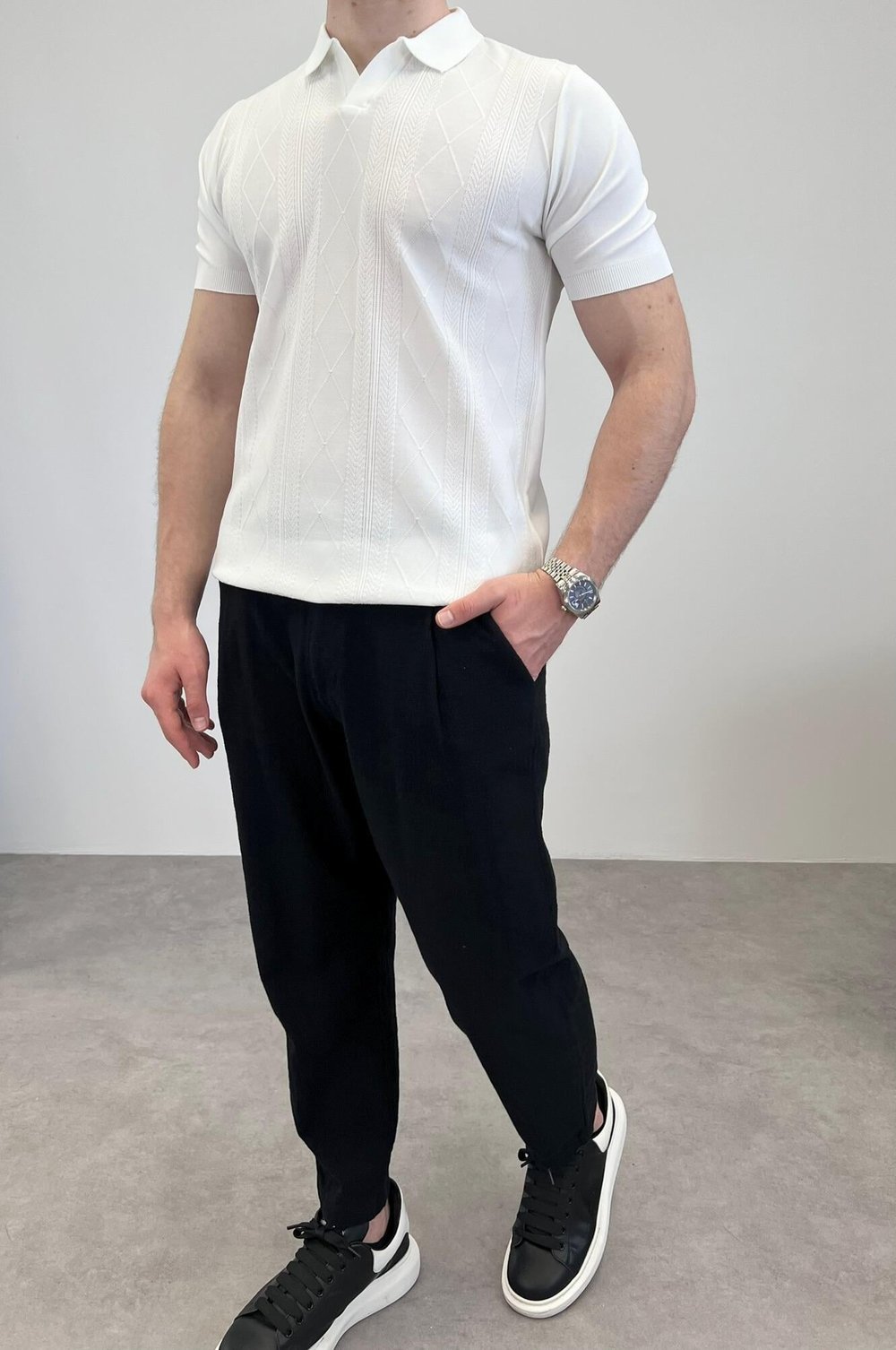 ÖRME POLO YAKA ETNİK DESEN BEYAZ