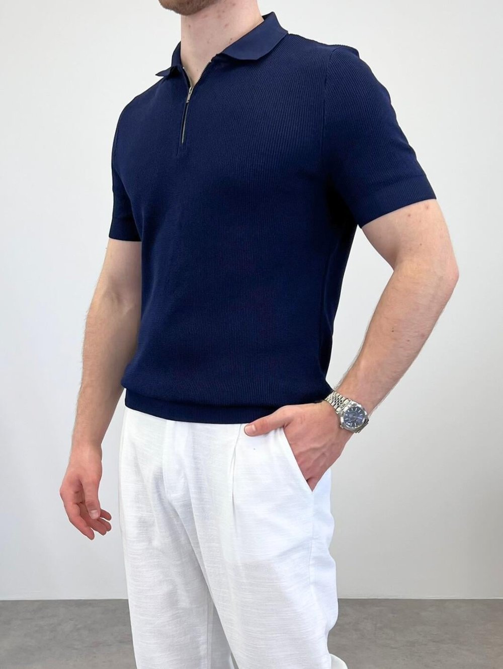 ÖRME POLO YAKA FERMUARLI T-SHIRT LACİVERT
