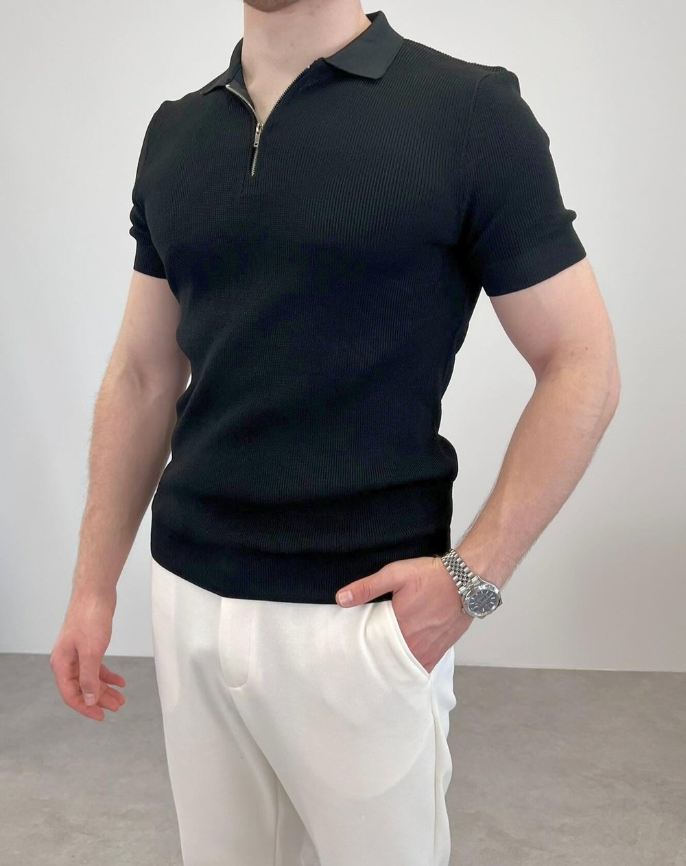 ÖRME POLO YAKA FERMUARLI T-SHIRT SİYAH