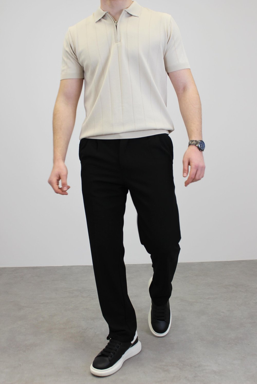 ÖRME POLO YAKA FİTİLLİ T-SHIRT TAŞ