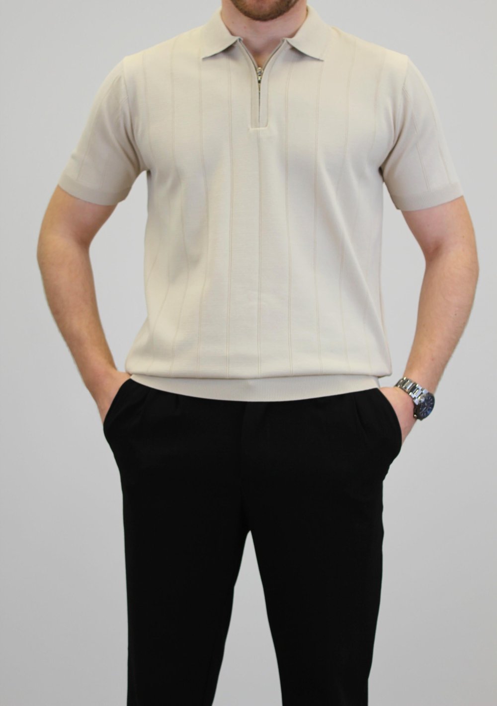 ÖRME POLO YAKA FİTİLLİ T-SHIRT TAŞ
