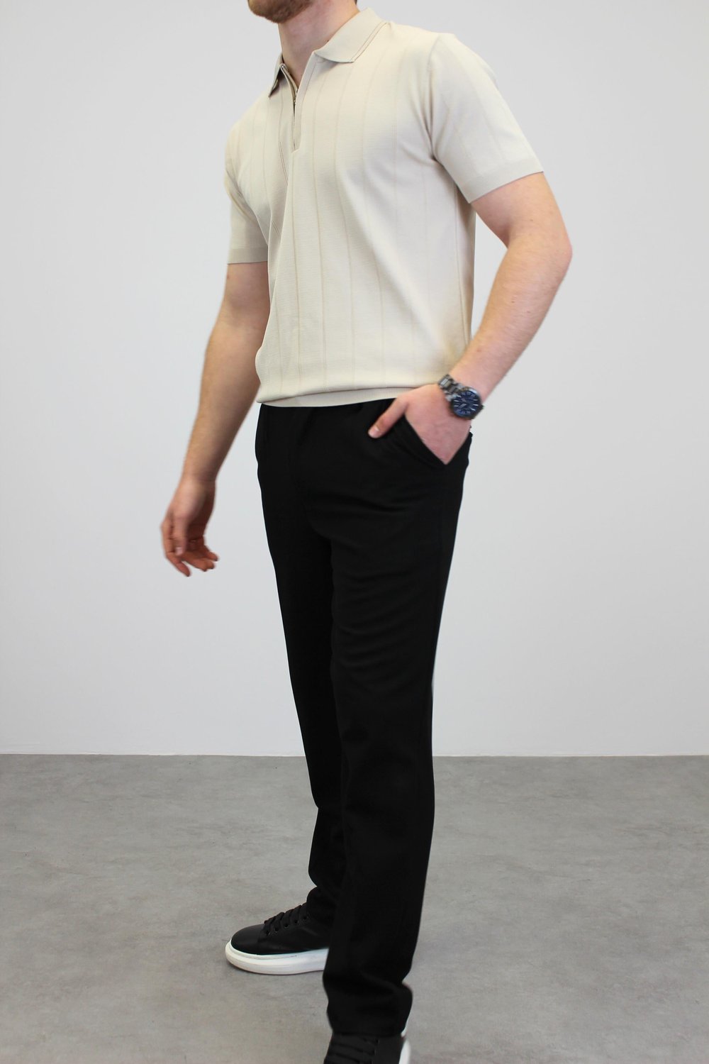 ÖRME POLO YAKA FİTİLLİ T-SHIRT TAŞ