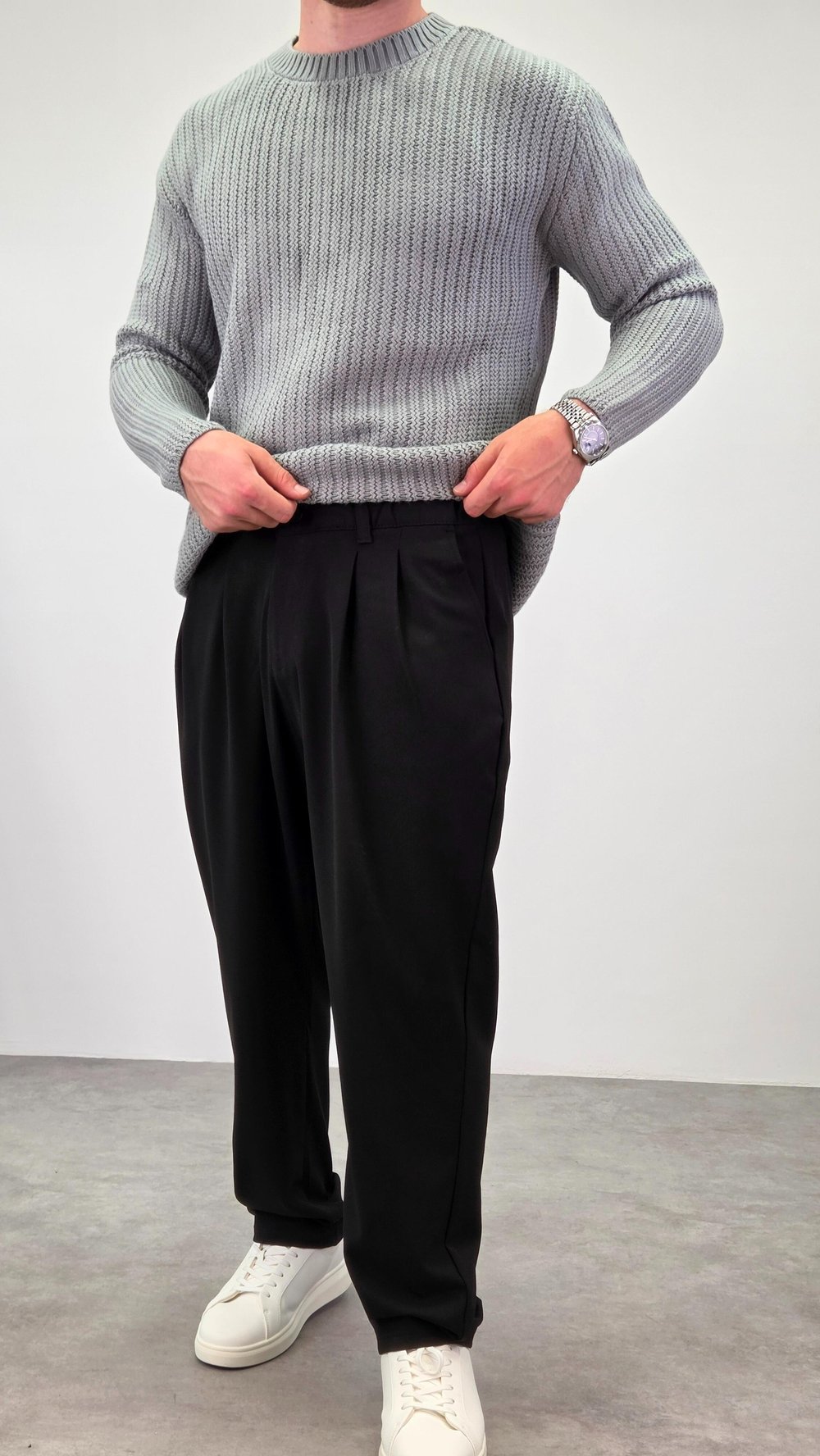 PİLELİ BAGGY KUMAŞ PANTOLON SİYAH  