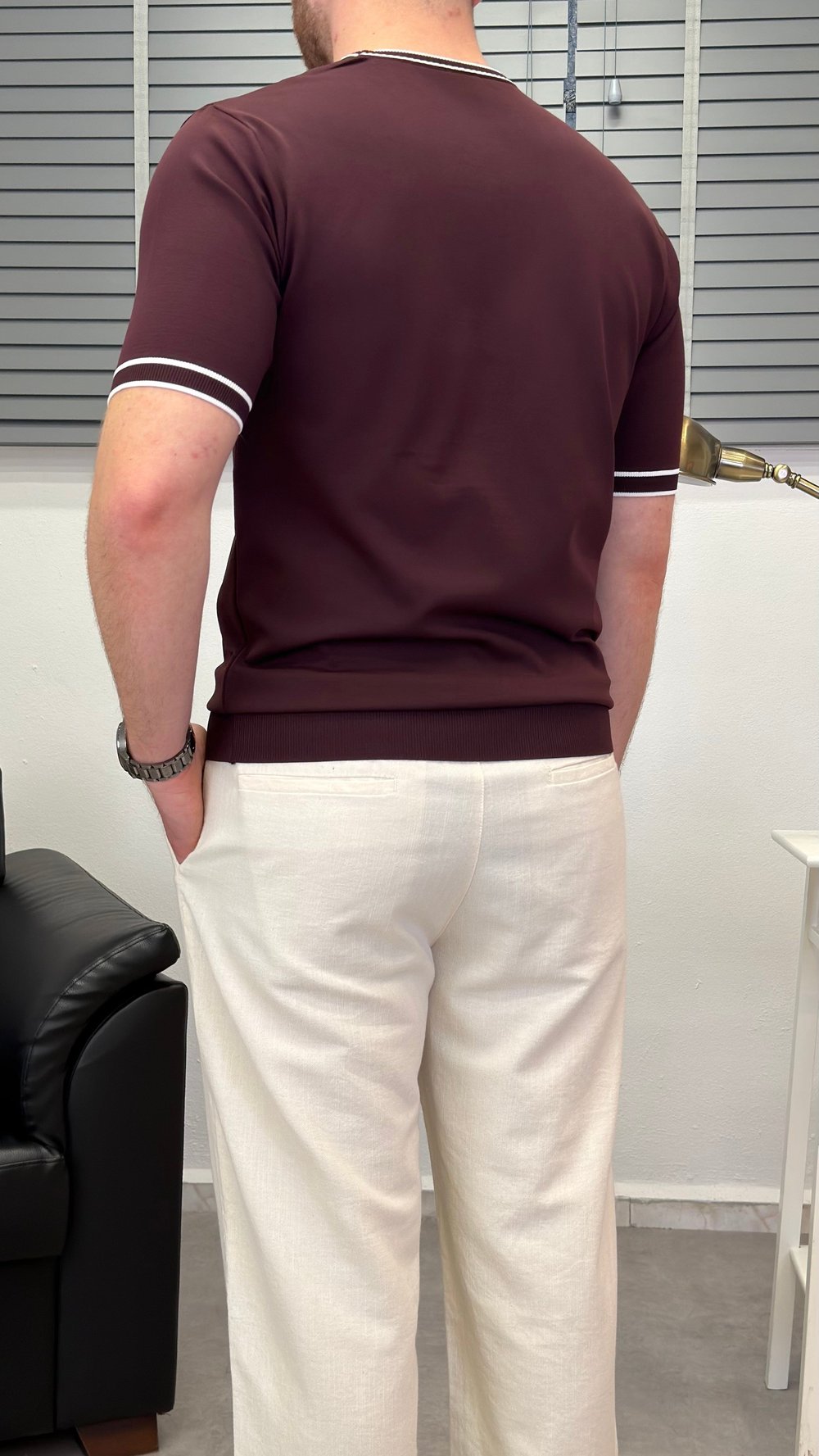 ŞERİTLİ BİSİKLET YAKA ÖRME T-SHIRT BORDO