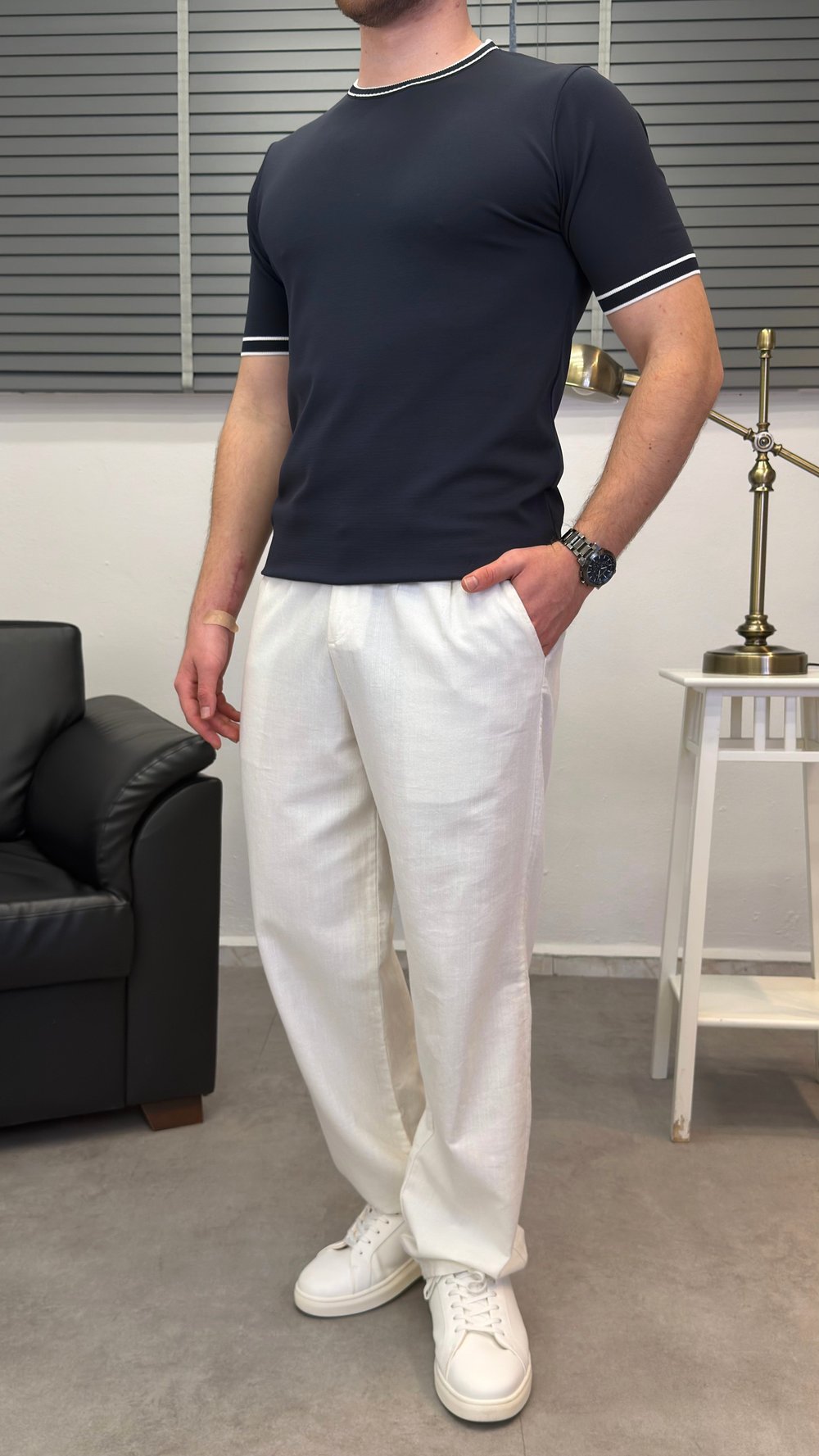 ŞERİTLİ BİSİKLET YAKA ÖRME T-SHIRT LACİVERT