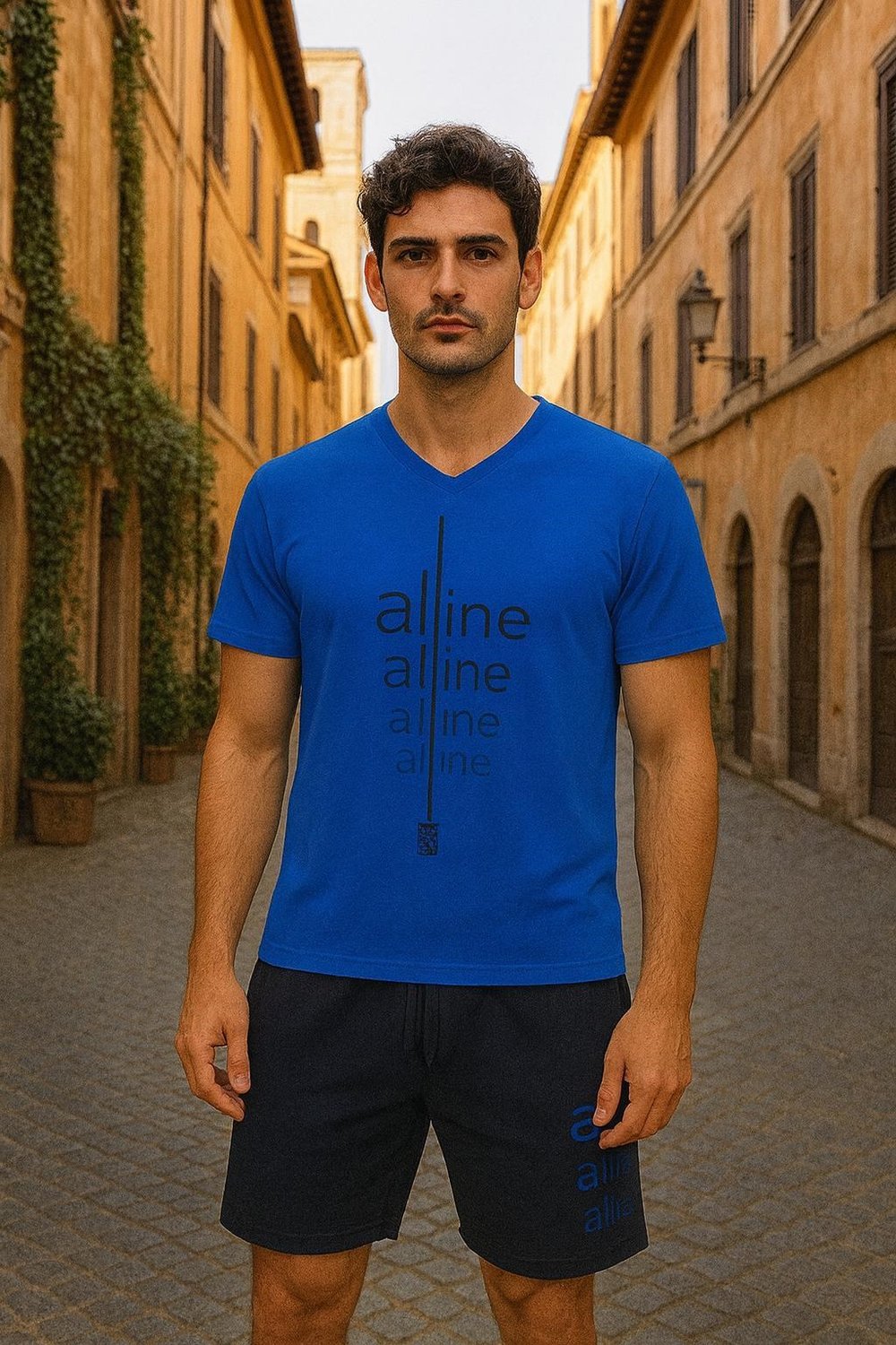 2 İplik Baskı Detaylı V Yaka Şort T-shirt Takım