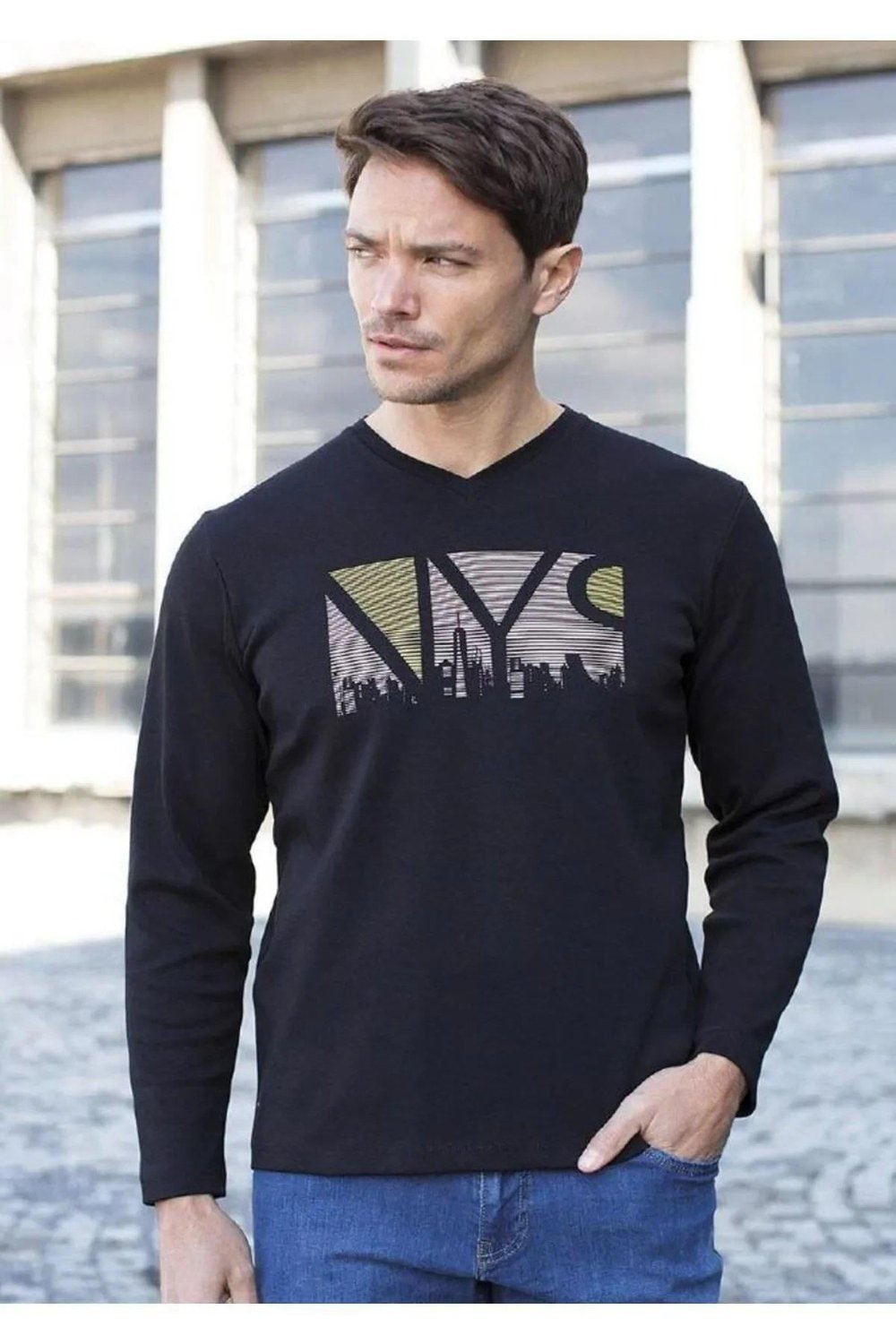 İnterlok V Yaka Pamuklu Baskılı Sweatshirt
