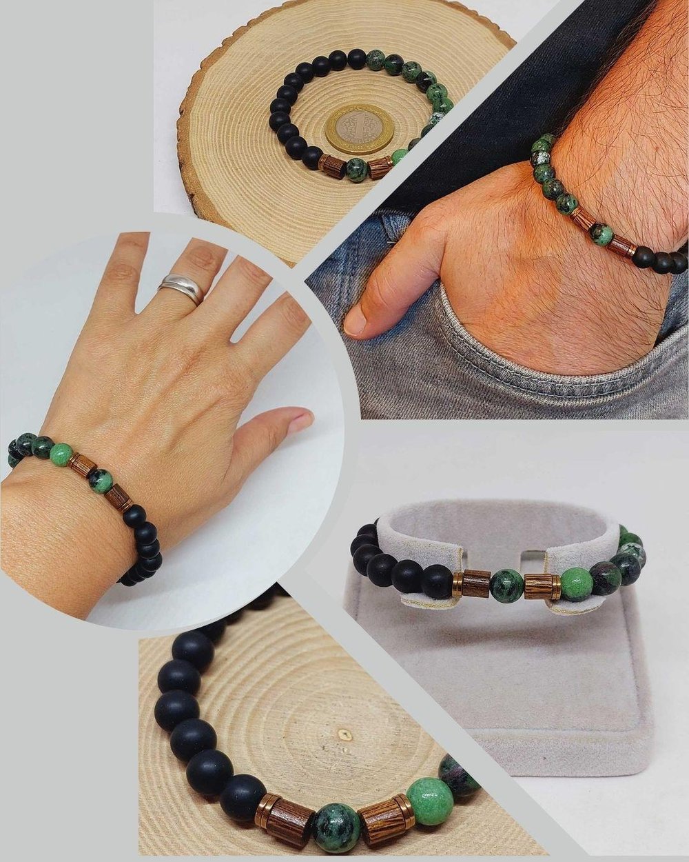 Anyolit (Rubizoit, Rubyzoisit) & Oniks Taşı 8mm Unisex Tasarım Bileklik Hawaii Model (3905)