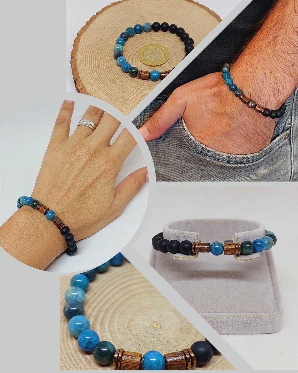 Apatit & Oniks Taşı 8mm Unisex Tasarım Bileklik Hawaii Model (14290)