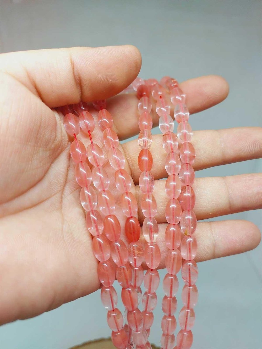 Çeyrek Dizi (9cm uzunluğundadır!) Gül Kuvars Taşı Arpa Kesim Çeyrek Dizi 6*8.5mm (51306)