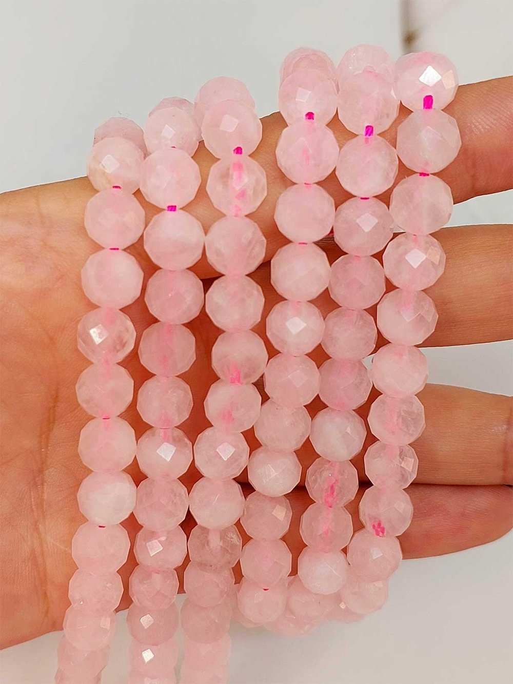 Çeyrek Dizi (9cm uzunluğundadır!) Kristalize Açık Pembe Kuvars Taşı Faset Kesim Çeyrek Dizi 8mm (42560)
