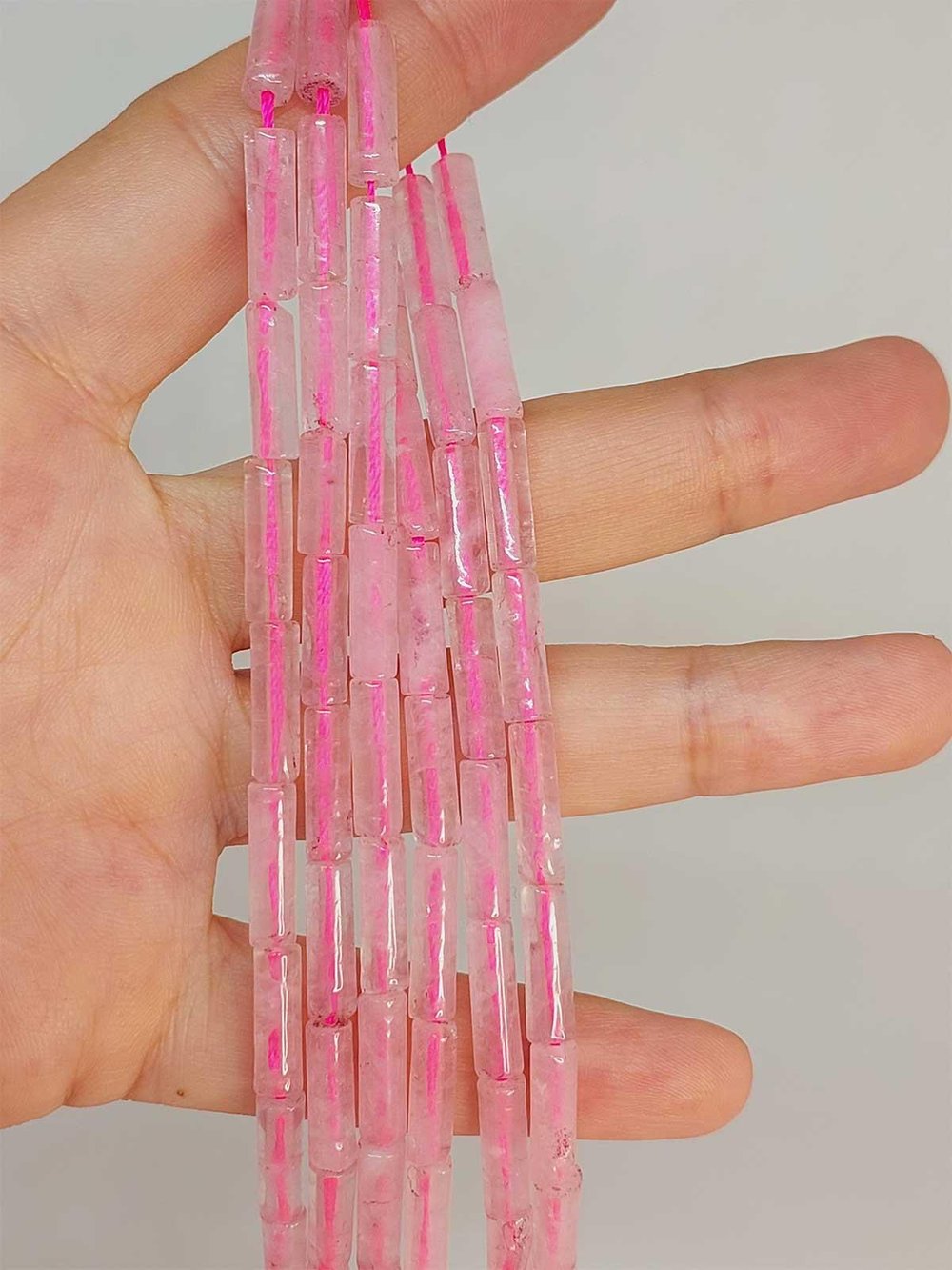 Çeyrek Dizi (9cm uzunluğundadır!) Pembe Kuvars Taşı Silindir Kesim 4x12.5mm Çeyrek Dizi (49376)