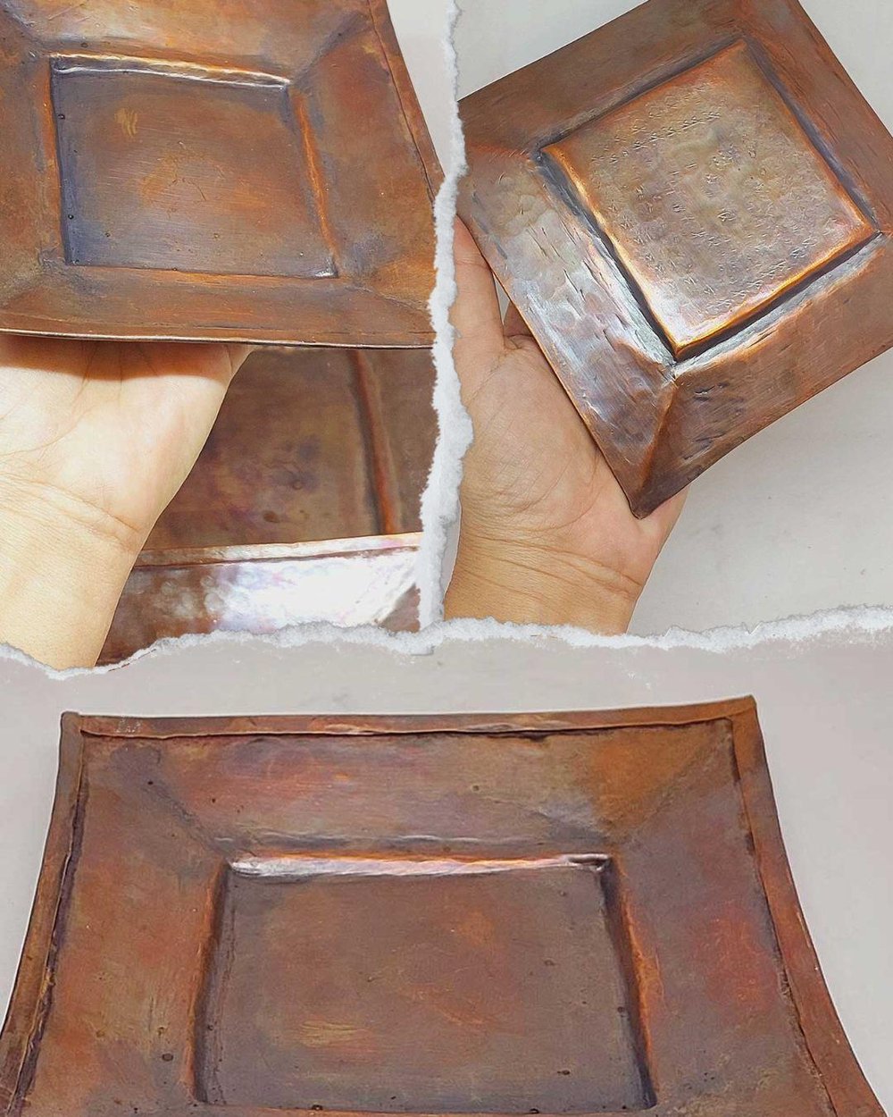 Dekoratif Otantik El Yapımı Kare Bakır Tabak Küçük Boy