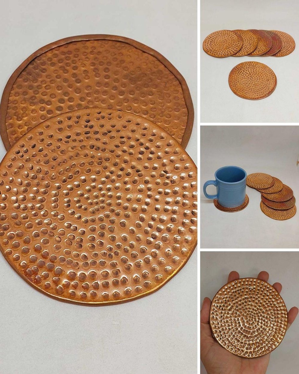 Dekoratif Otantik El Yapımı Yuvarlak Kabartma Desen Bakır Bardak Altlığı 6'lı Set