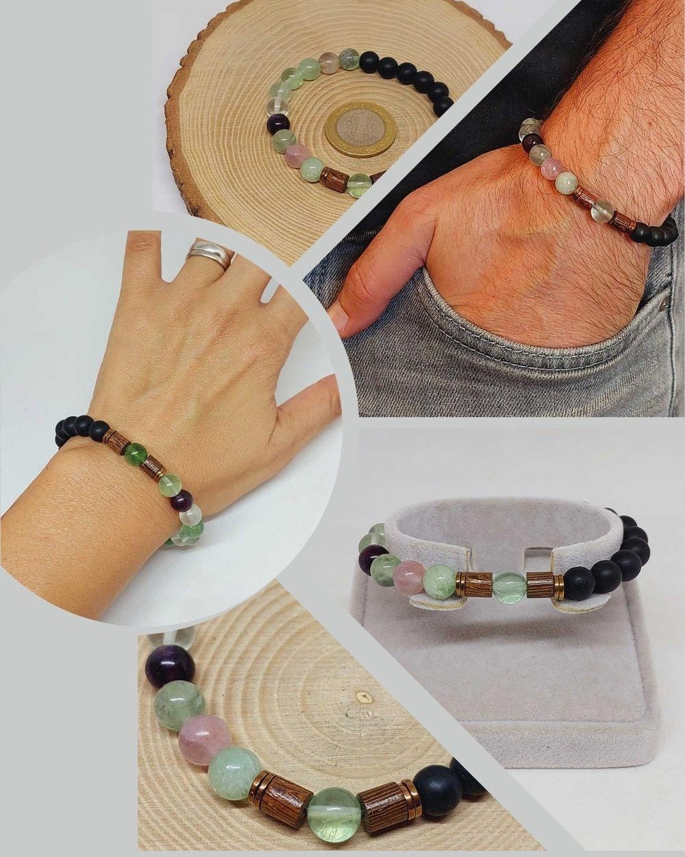 Florit & Oniks Taşı 8mm Unisex Tasarım Bileklik Hawaii Model (4701)