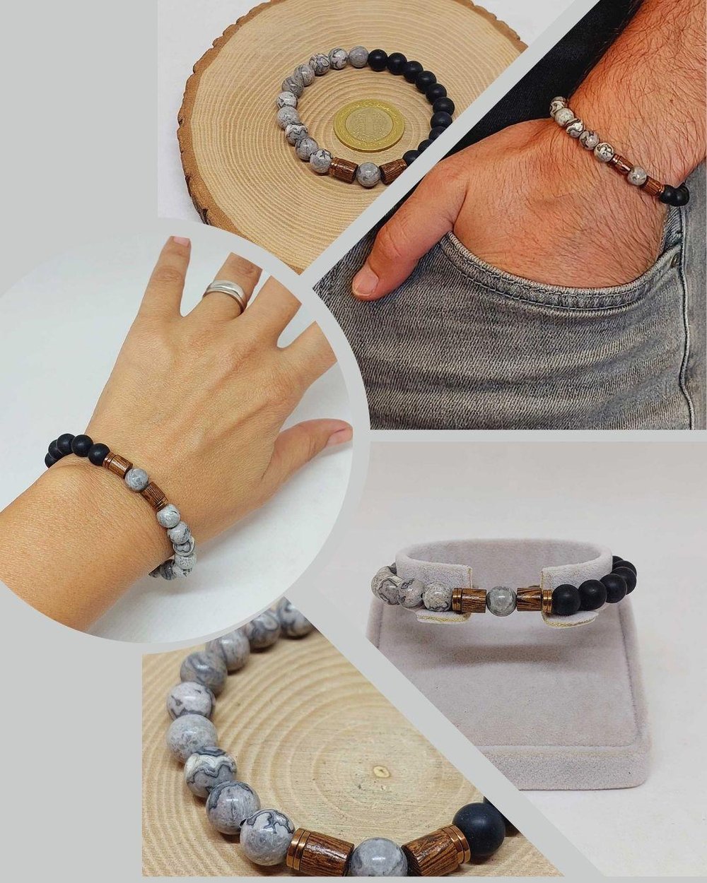 Gri Jasper & Oniks Taşı 8mm Unisex Tasarım Bileklik Hawaii Model (9808)