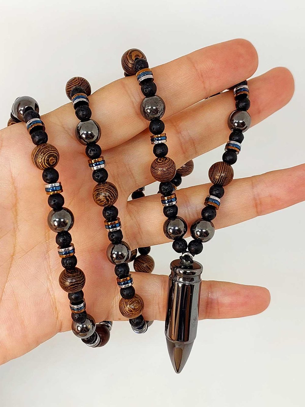 Hematit - Lav Taşı & Venge Ağacı Tasarım Unisex Kolye (44350)