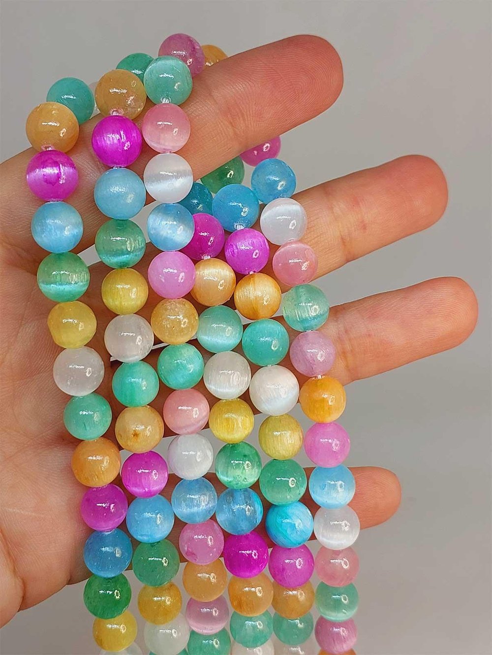 Karışık Renkli Selenit Taşı YARIM Dizi 8mm (49178) (18cm uzunluğundadır)