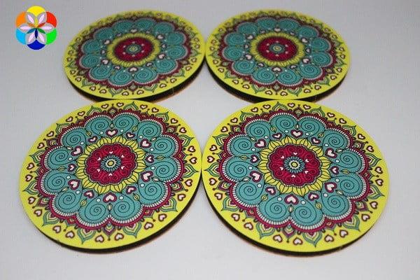 Mandala Desenli Ahşap Bardak Altlığı Seti 4'lü