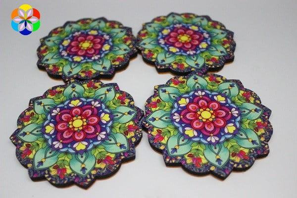Mandala Desenli Ahşap Bardak Altlığı Seti 4'lü