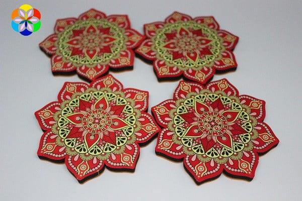 Mandala Desenli Ahşap Bardak Altlığı Seti 4'lü