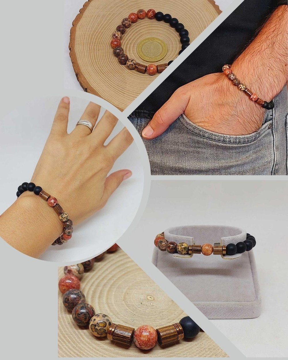 Manzaralı Jasper & Oniks Taşı 8mm Unisex Tasarım Bileklik Hawaii Model (53086)