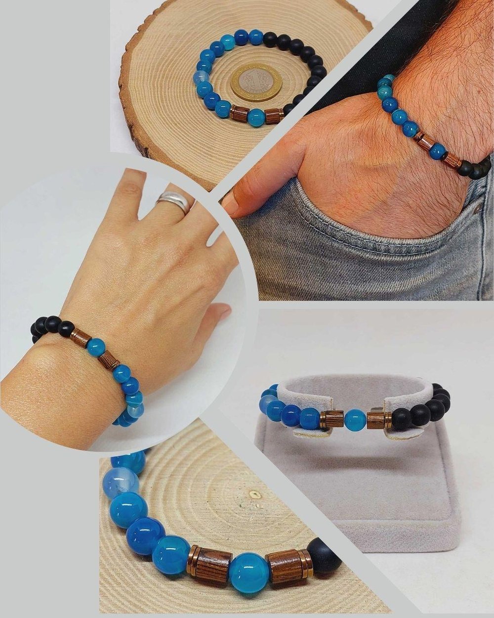 Mavi Akik & Oniks Taşı 8mm Unisex Tasarım Bileklik Hawaii Model (4001)