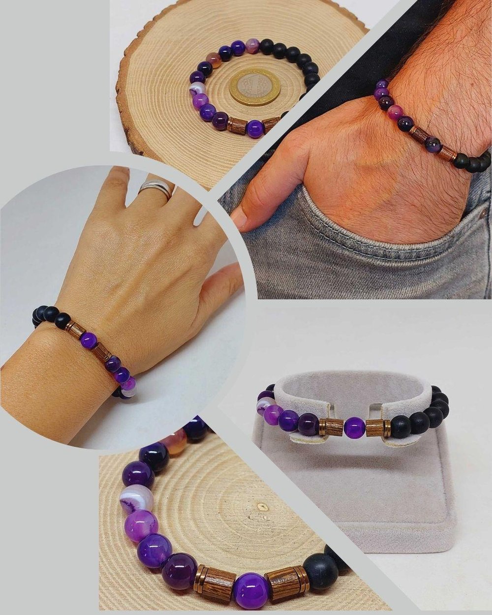 Mor Akik & Oniks Taşı 8mm Unisex Tasarım Bileklik Hawaii Model (7777)