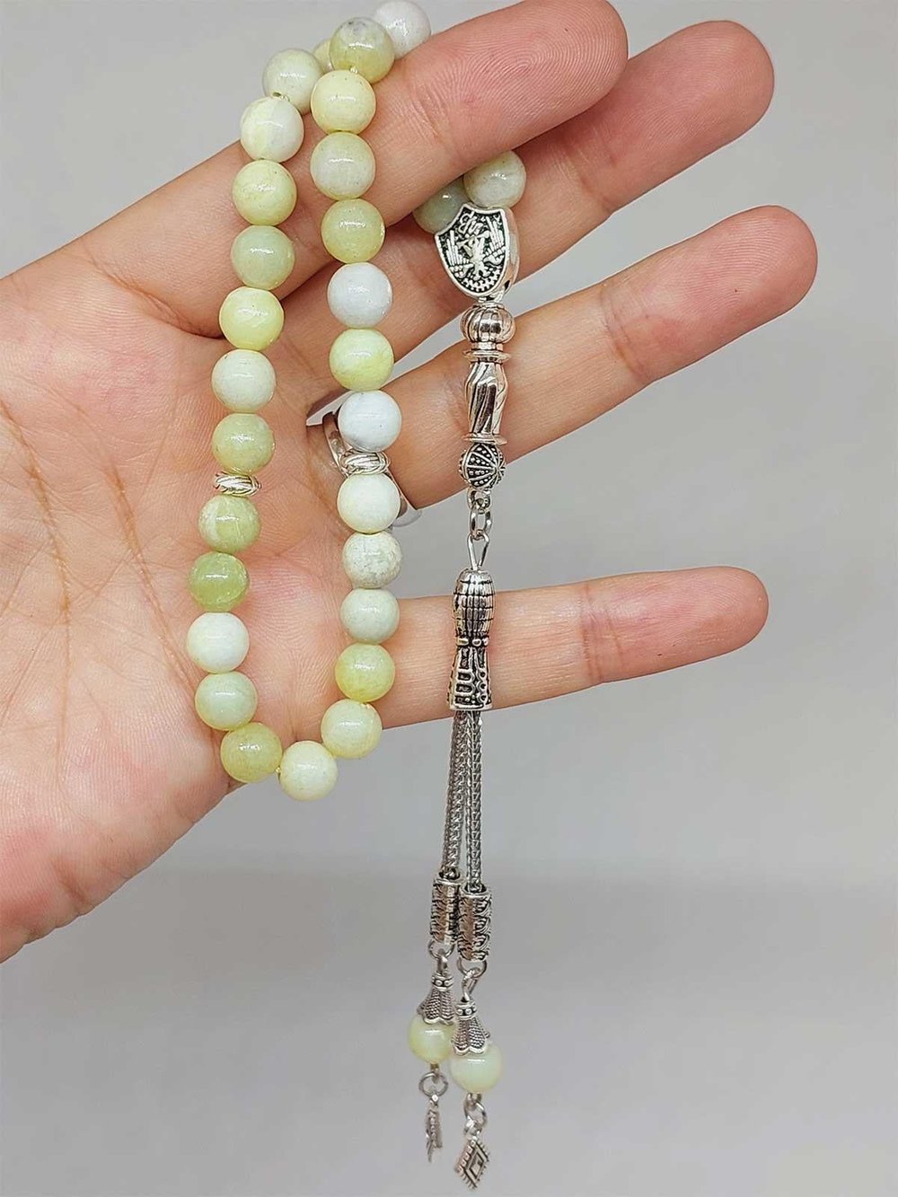 Peridot (Zebercet) Taşı Yeşil-Beyaz Alacalı Tesbih 33Lük 8mm (23115)