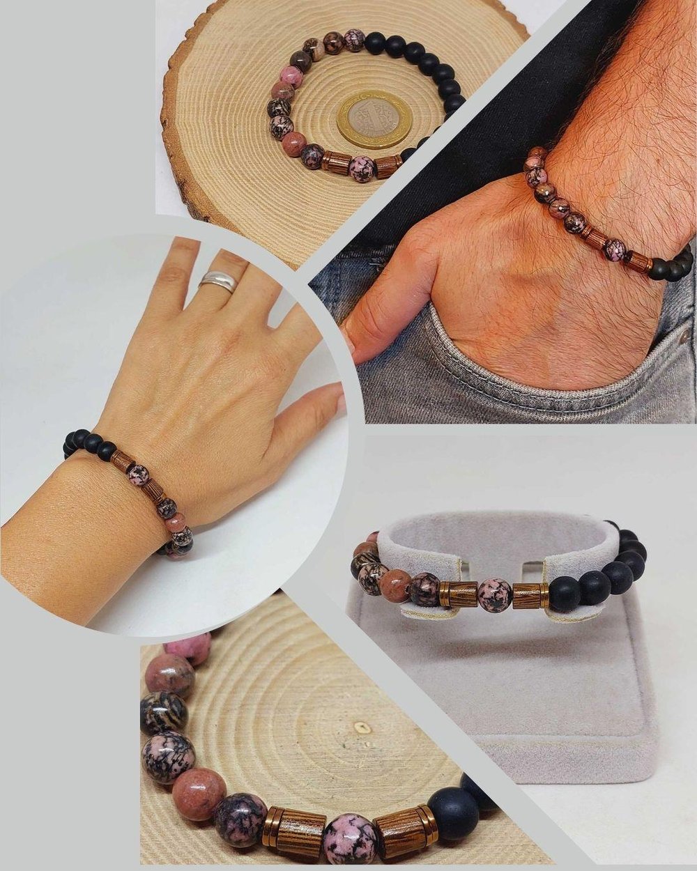 Rodonit & Oniks Taşı 8mm Unisex Tasarım Bileklik Hawaii Model (1853)