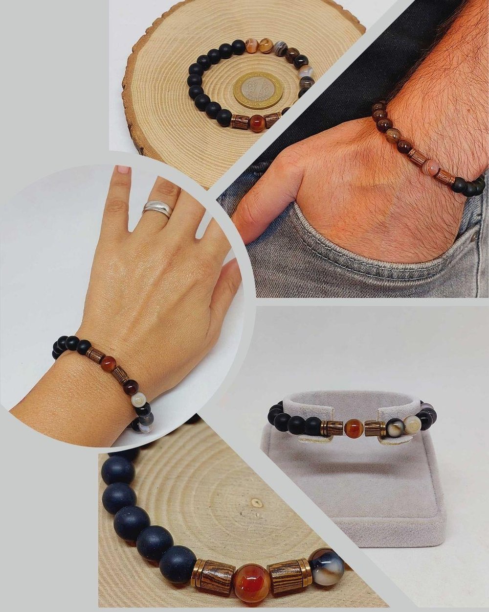 Siyah Alacalı Akik & Oniks Taşı 8mm Unisex Tasarım Bileklik Hawaii Model (3605)