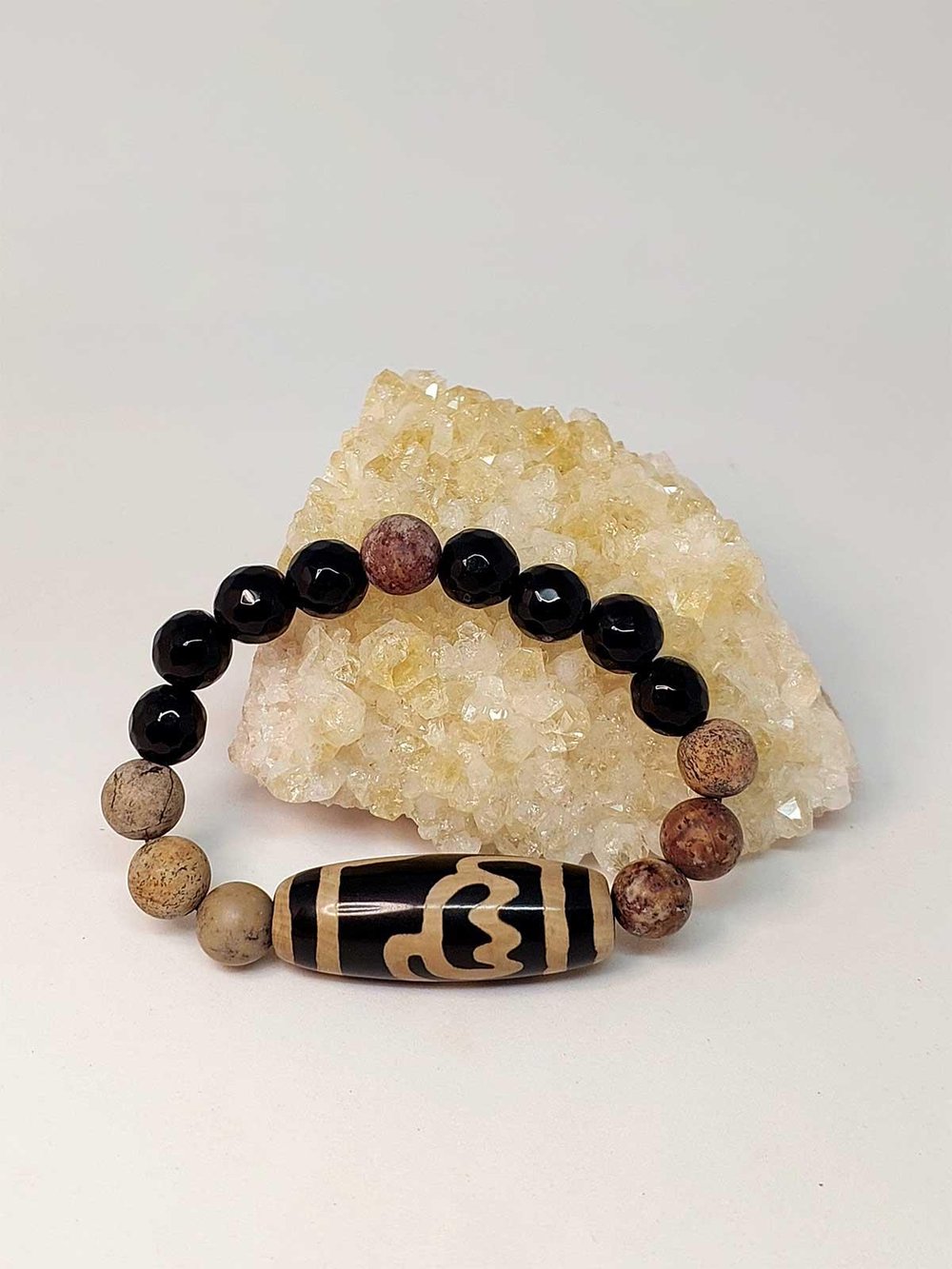 Tibet Akik. Jasper & Oniks Taşlı Lotus Sembollü Unisex Bileklik 10mm