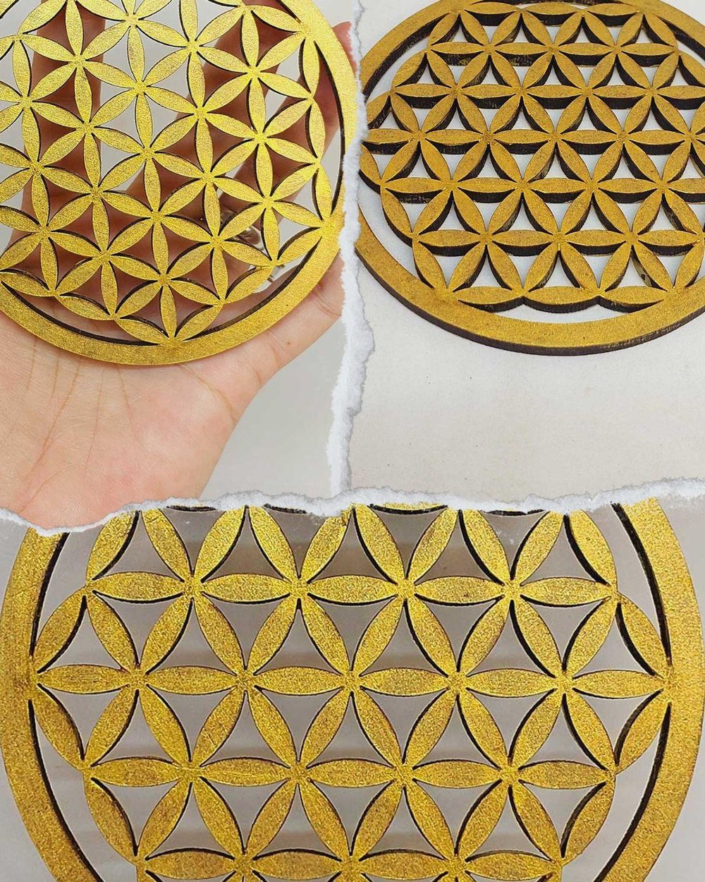 Yaşam Çiçeği Ahşap Bardak Altlığı & Küçük Grid Gold Renkli (55534)