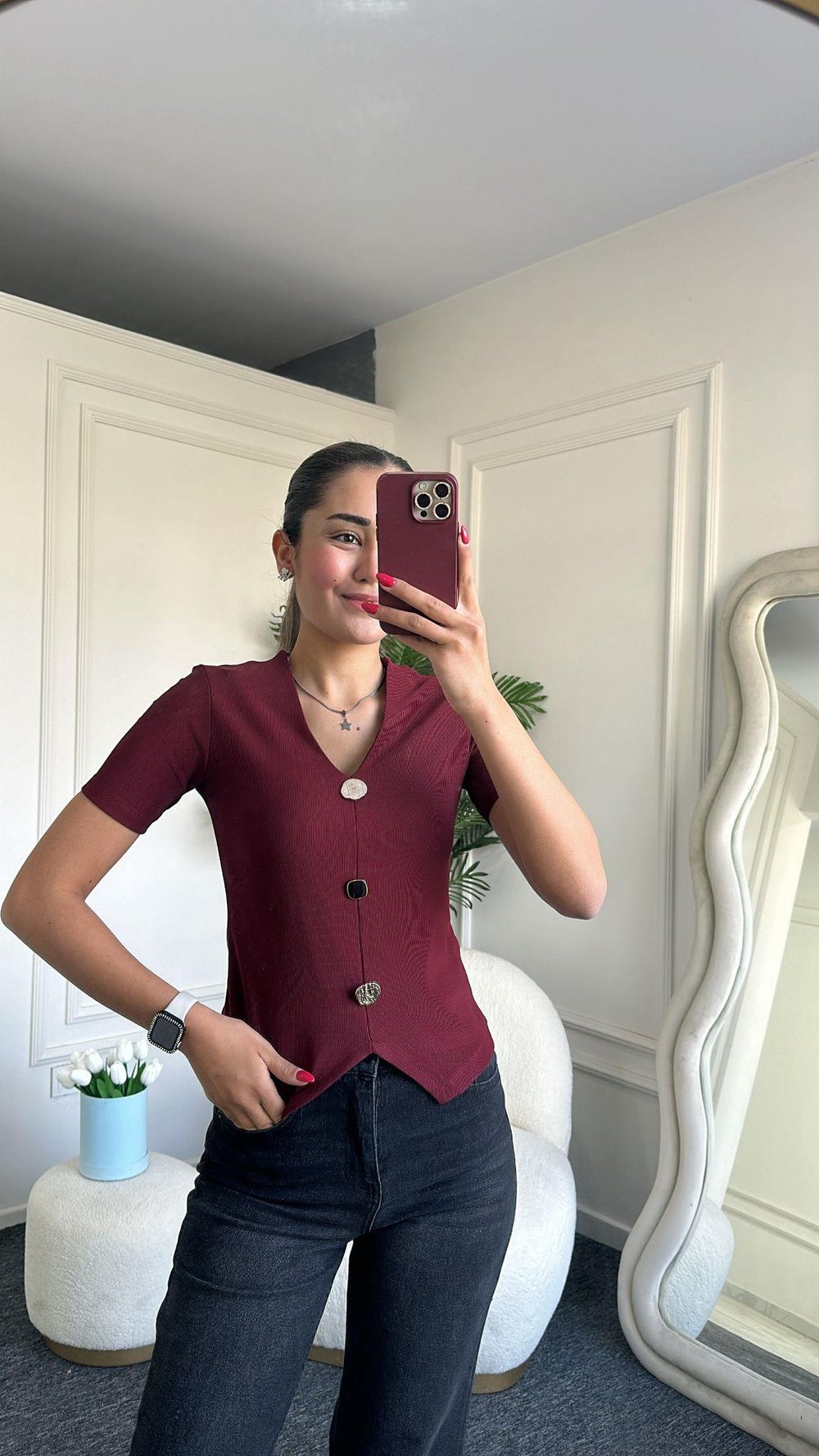 Gold Düğmeli V Yaka Bordo Bluz