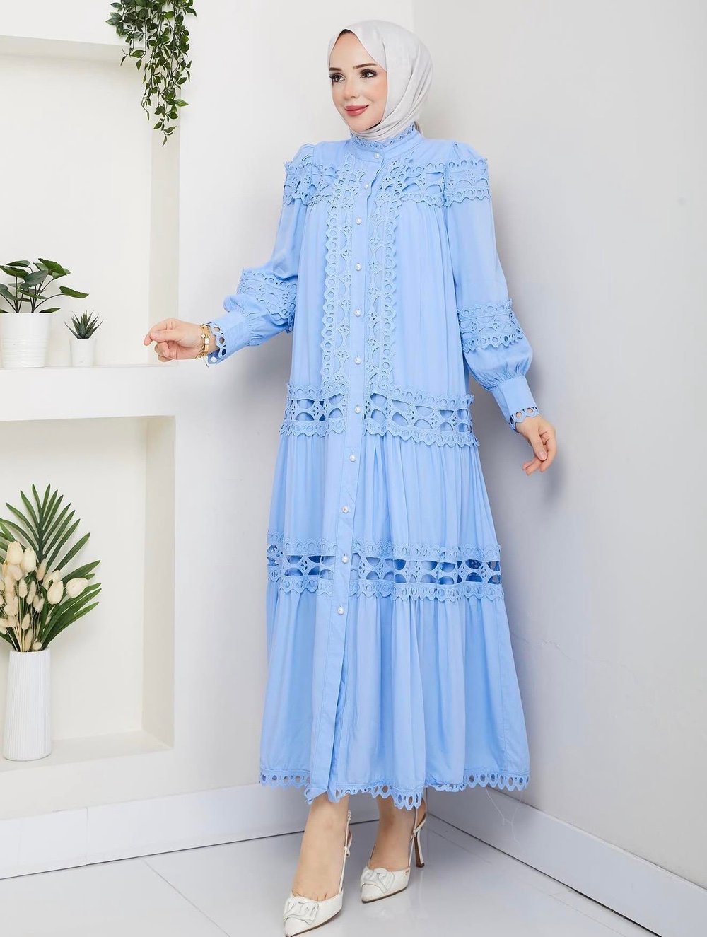 💙 İthal Milano Dress – İnci Düğmeli Elbise (Mavi)