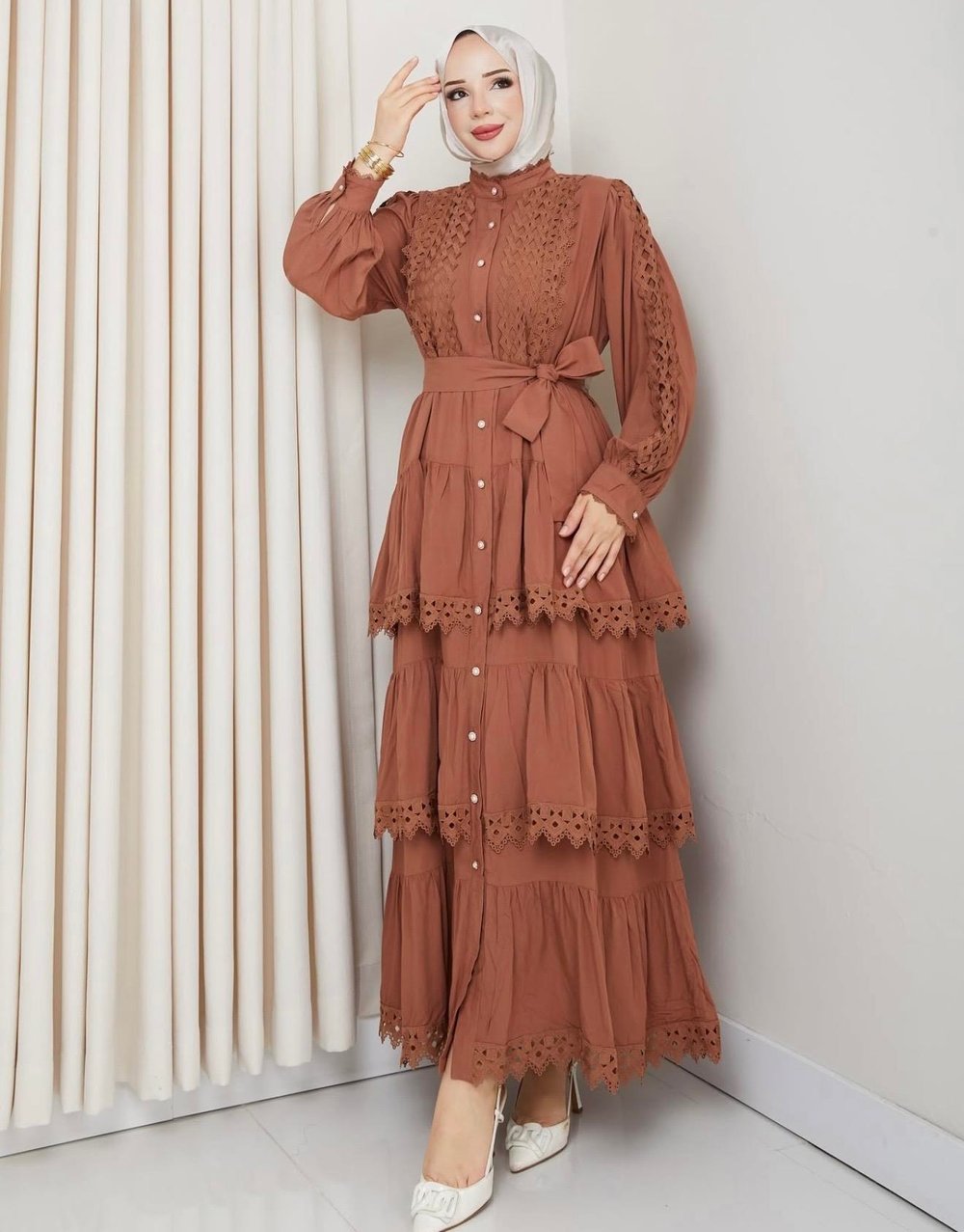 🤎 İthal Sienna Dress – İnci Düğmeli Elbise (Kiremit)
