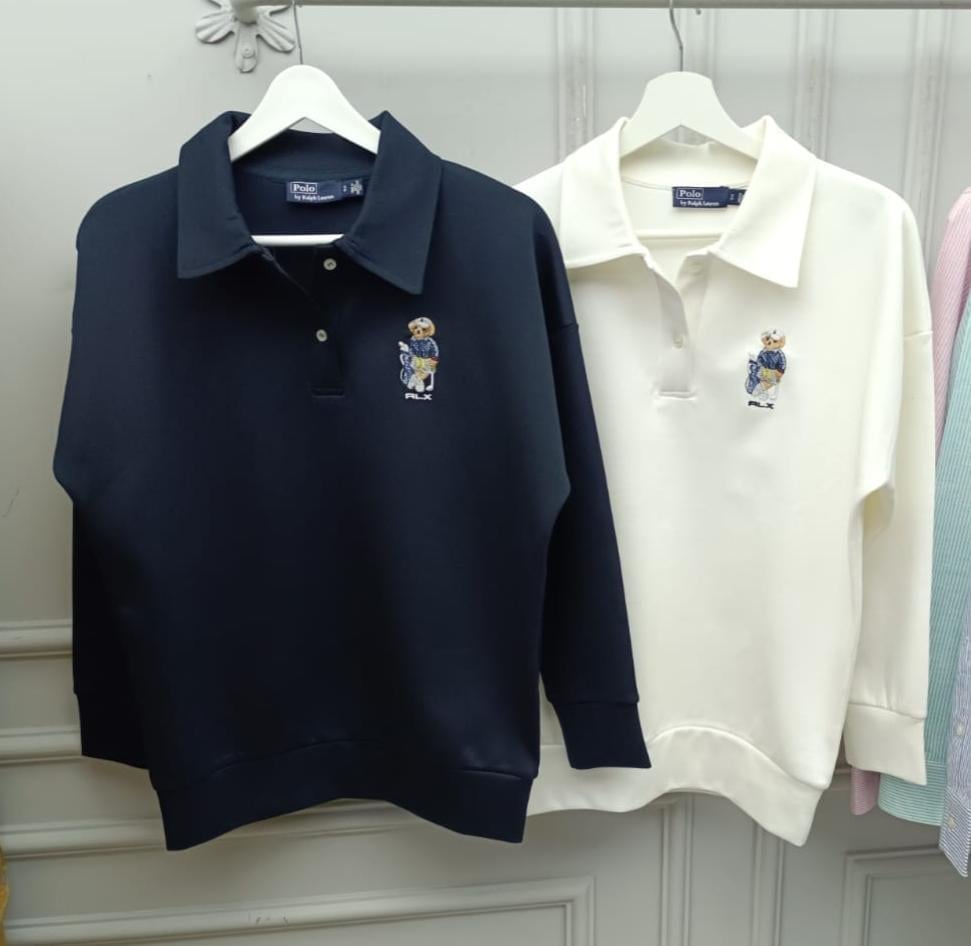 Ayıcıklı Polo Yaka Kırık Beyaz Sweat