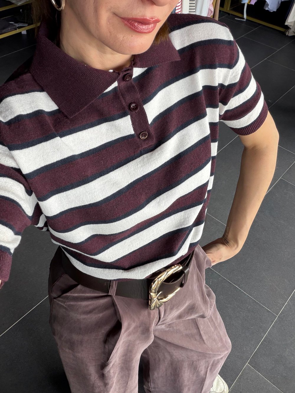 Bordo Çizgili Massi Triko Tshirt