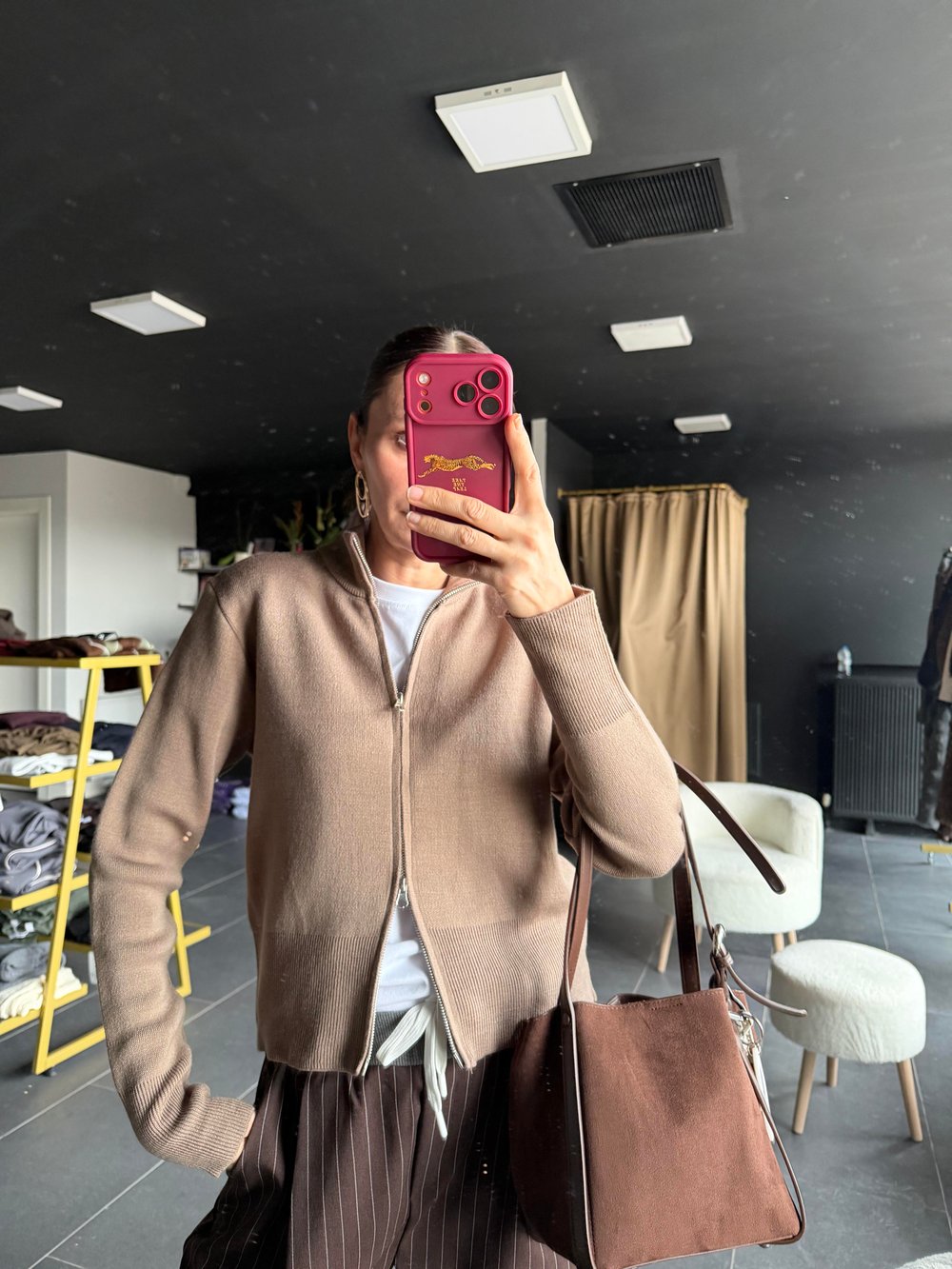 Çift Fermuarlı Açık Kahve Hırka